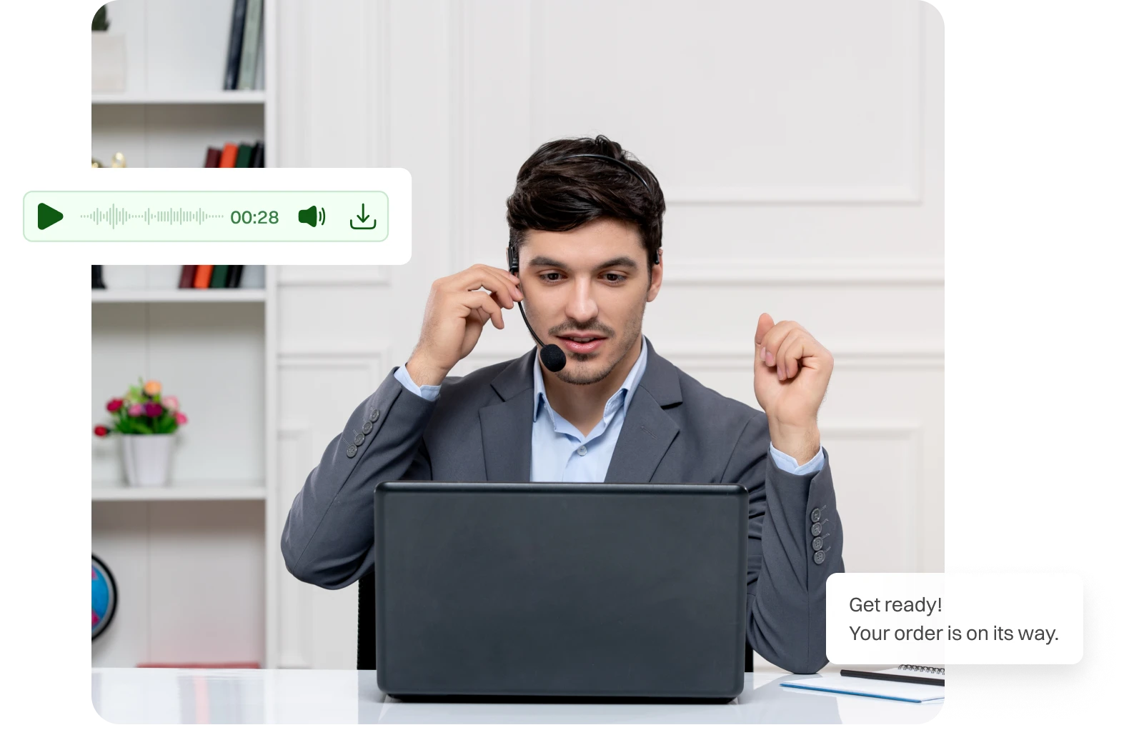 Guy in a conversation through virtual contact center.