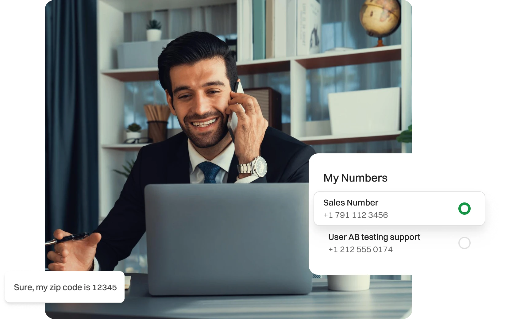 A gentlemen managing multiple phone numbers with dialaxy app and communicating with those numbers.