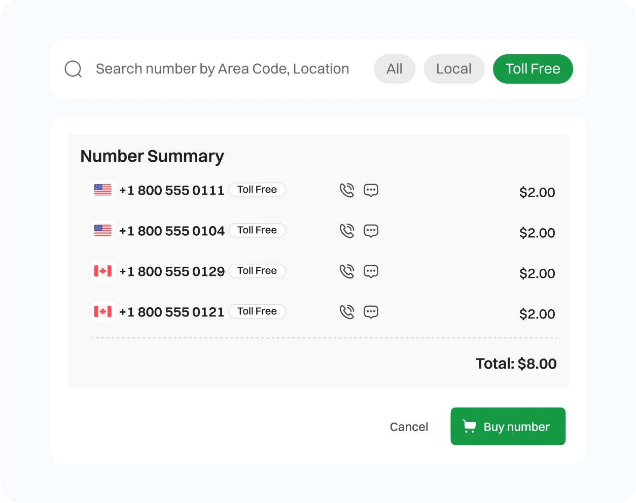 Image of selecting the virtual toll free numbers to be bought from Dialaxy App.
