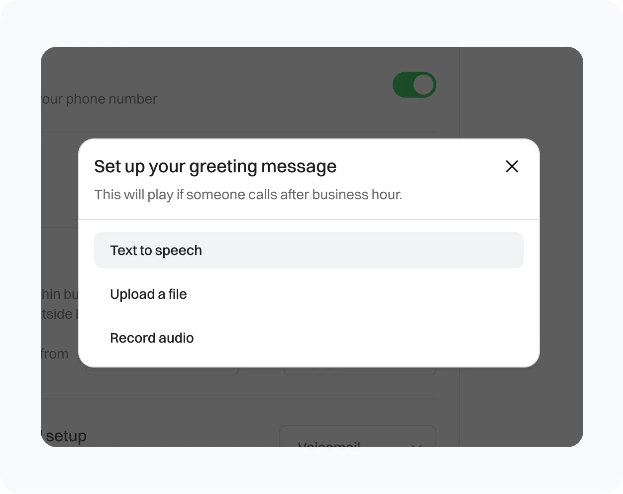 Voicemail options to select to send the user through Dialaxy App.