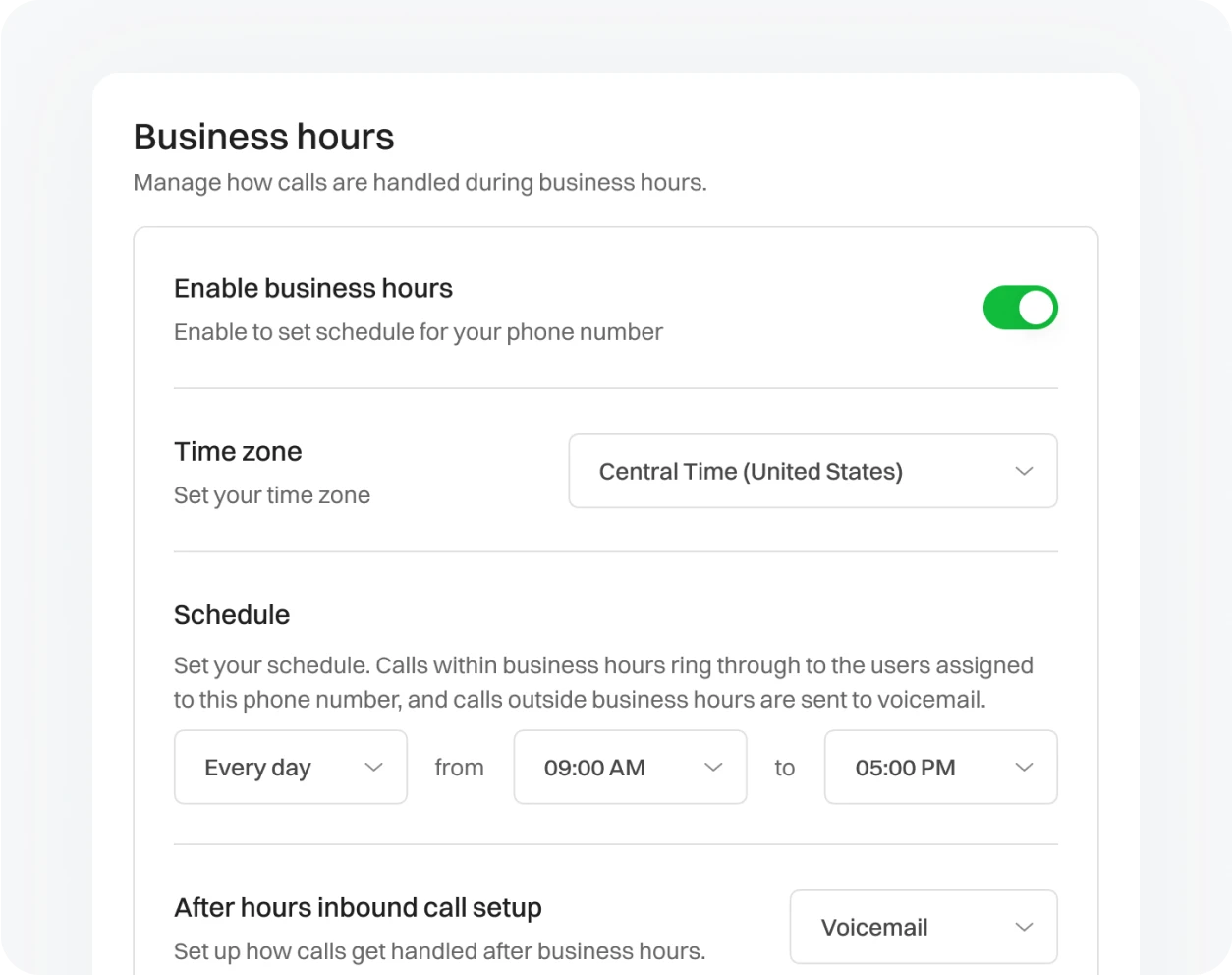 Detailed customizable options along with enabling business hours option in Dialaxy App.