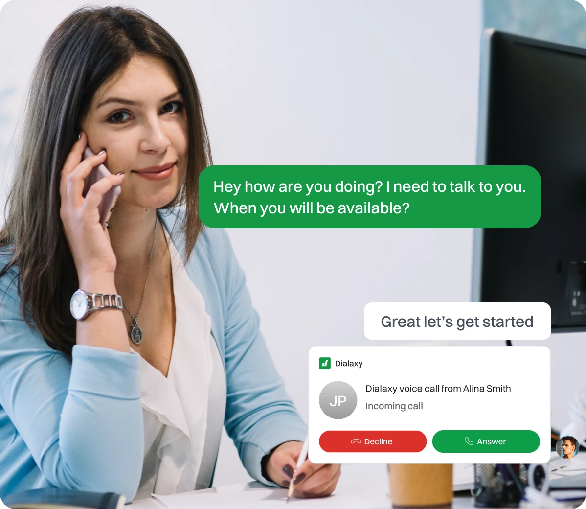 A lady doing outbound calling with Dialaxy App.