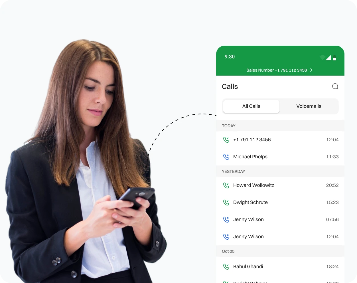 A professional Lady checking call log file through dialaxy app.