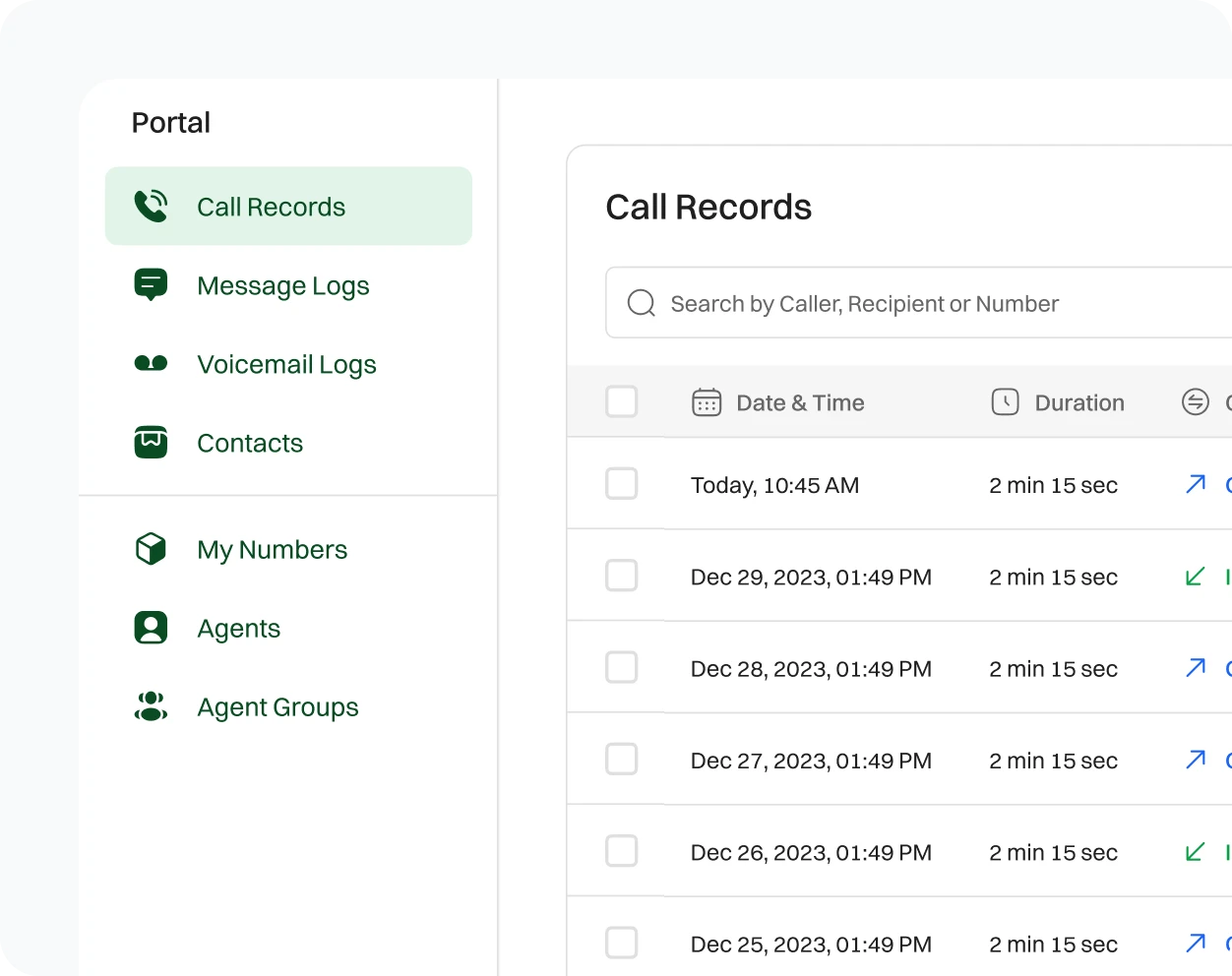 Call records being viewed in the Dialaxy App.
