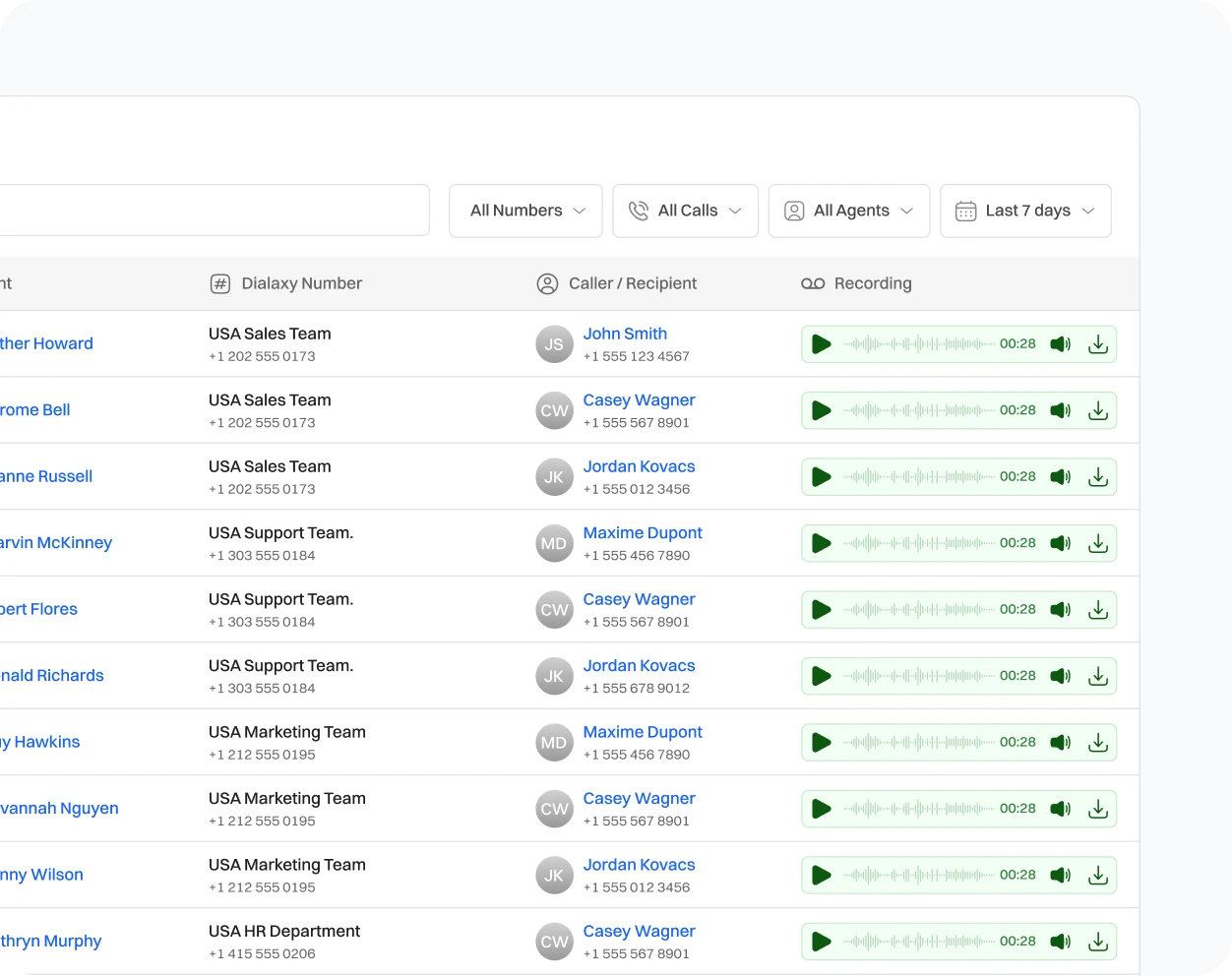 Call filter options of Dialaxy App.