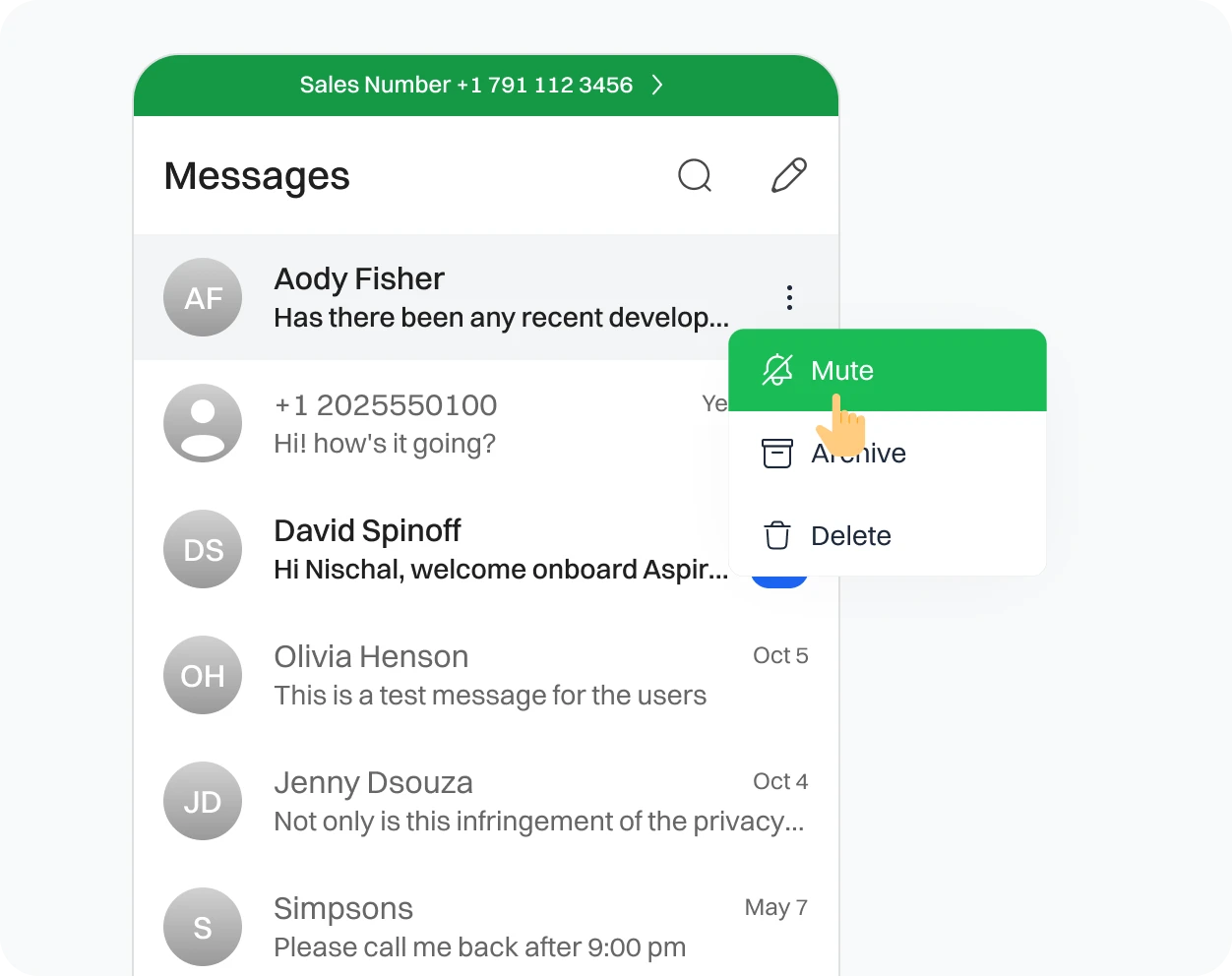 Representation of how to mute the conversation in Dialaxy app.