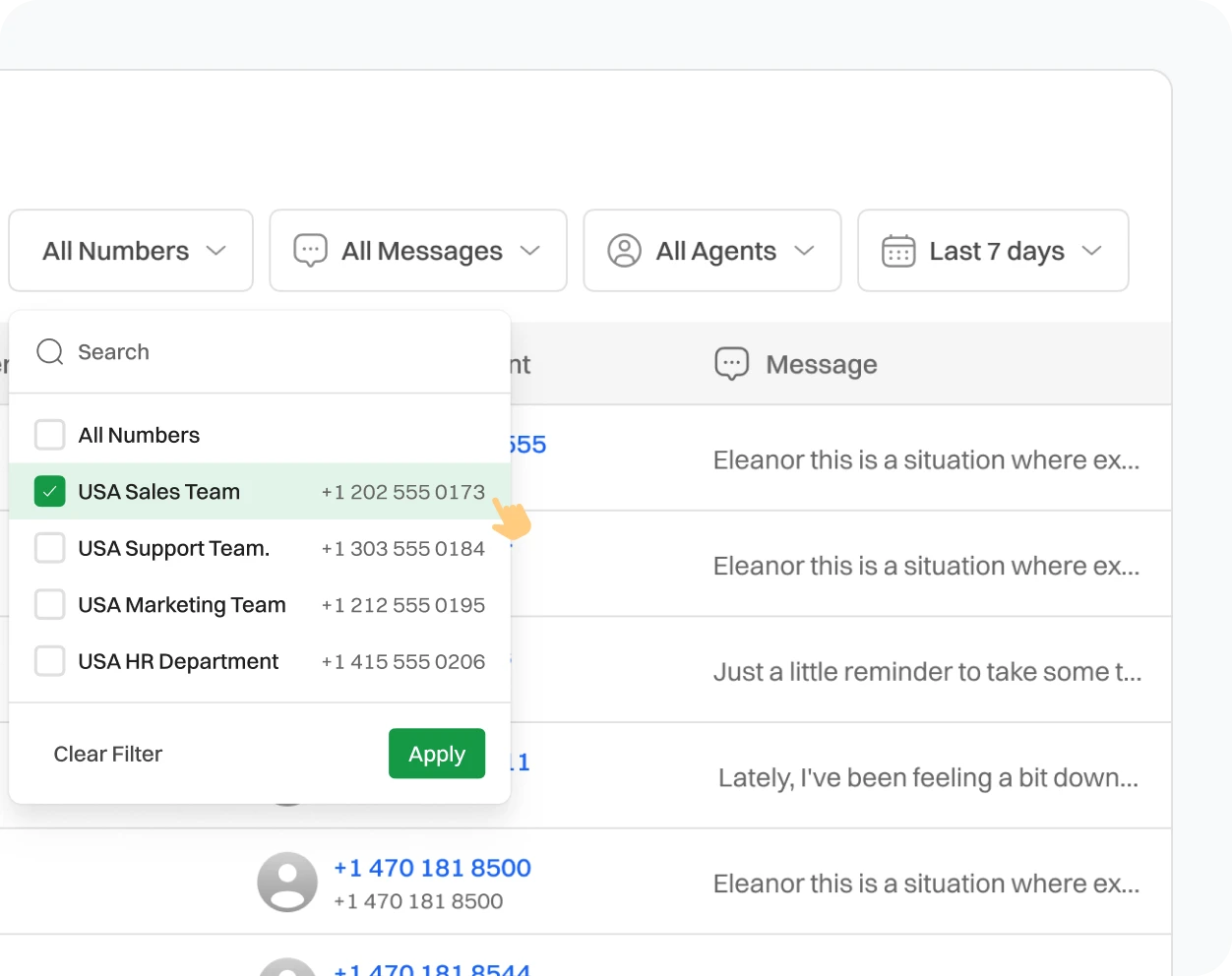 Filtering messages with different numbers with Dialaxy App (graphical representation).