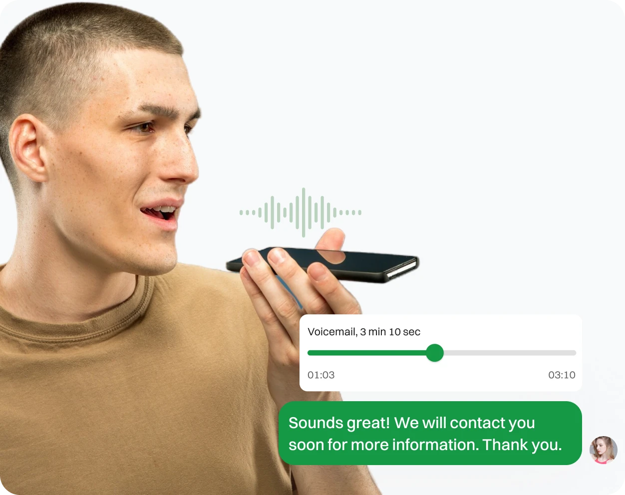 A boy recording a voice mail and a representative providing with a feedback.