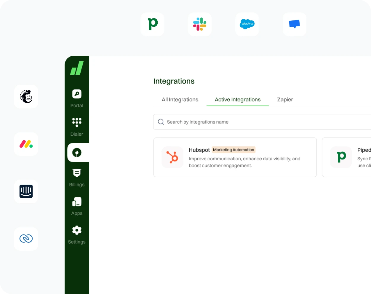 Representation of Integration options in Dialaxy App. It simplifies your workflow and enhances your productivity.