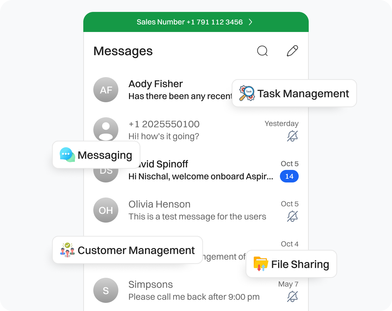 Representation of features you can use like - Task Management, Messaging, Customer Management, File Sharing in Dialaxy App.