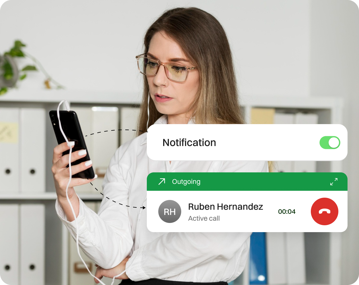 A girl Looking at Outgoing call Notification in her Mobile.