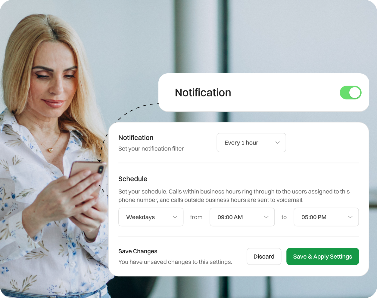 A Lady turning on notification and setting up the notification filters.