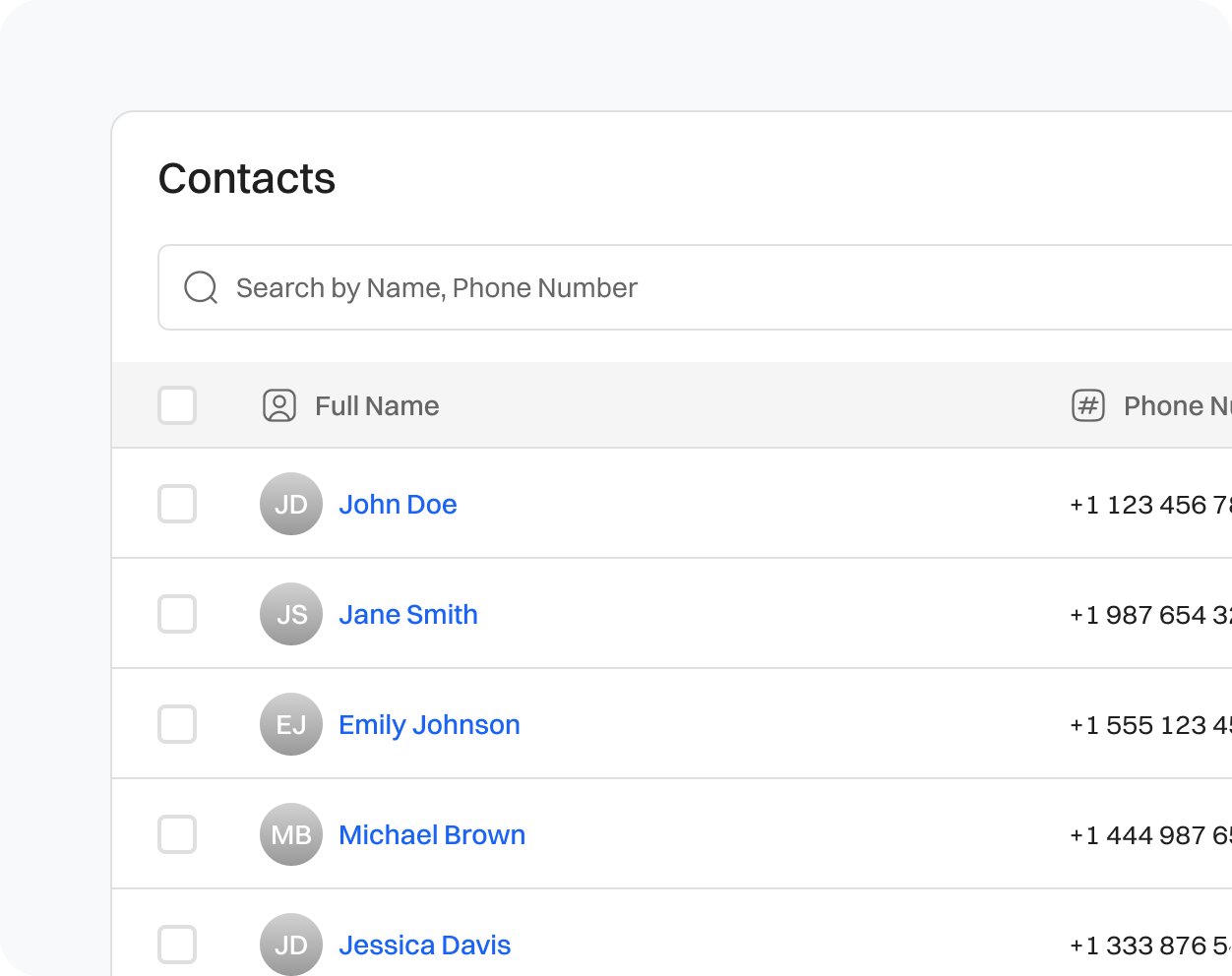 Unlimited contact list view in Dialaxy Dashboard.
