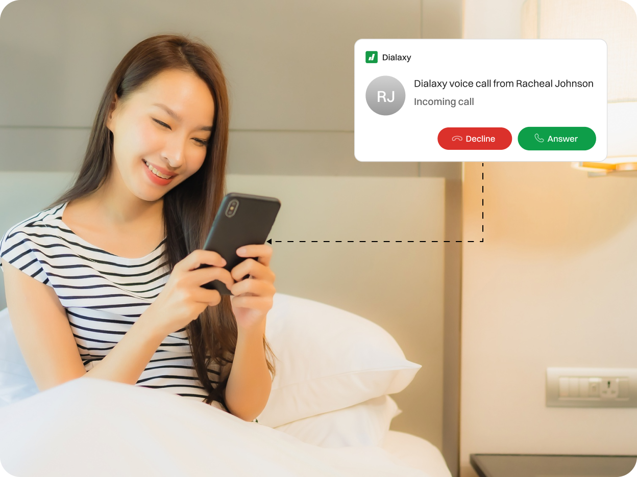 A Lady Guest seeing incoming call notification from a person named Racheal Johnson.