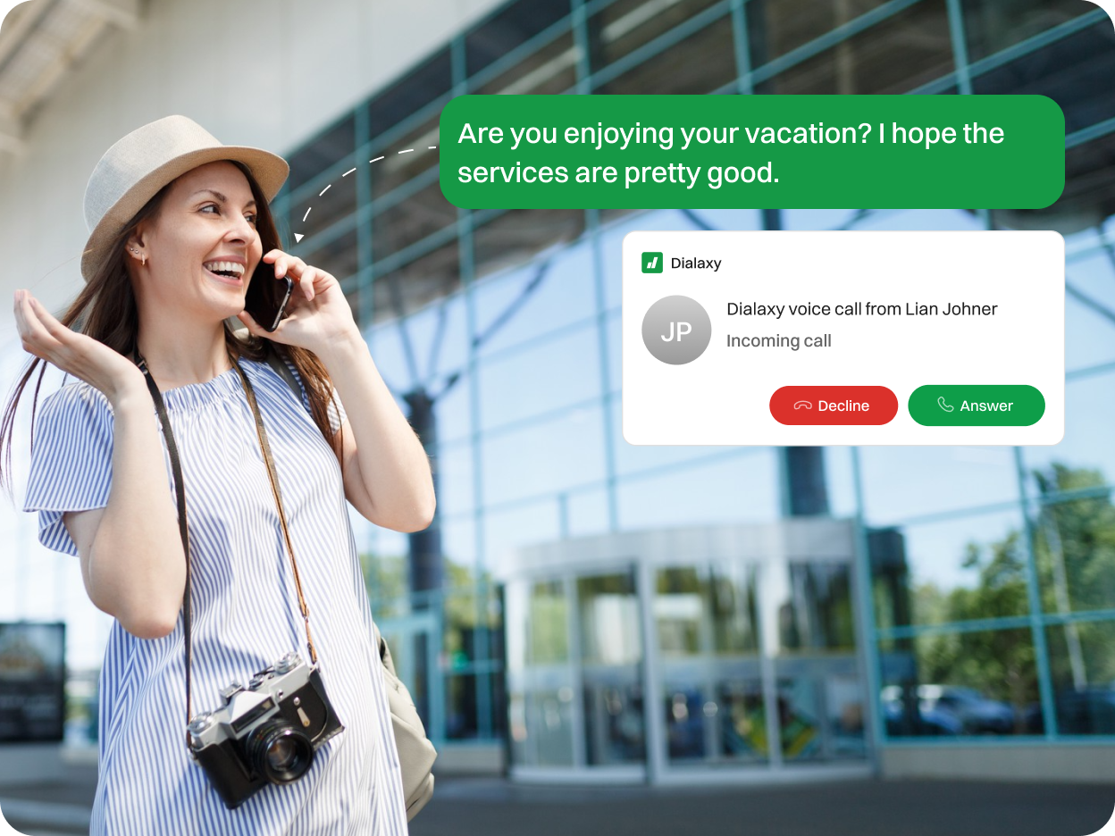 A lady Receiving call from Travel Business on how she is enjoying her Vacation.