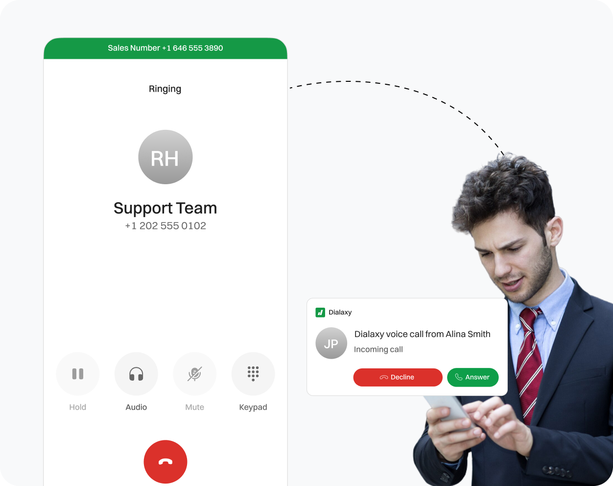 A gentlemen looking at incoming voice call coming from person named Alina Smith.