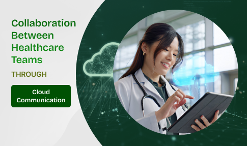 Doctor using tablet with cloud graphic, symbolizing healthcare team collaboration via cloud communication