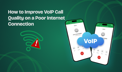 Illustration of two smartphones with Voip call screens and warning icon.