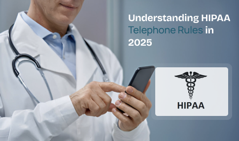 Healthcare professional with patient, writing on a clipboard beside medicine bottles. The HIPAA logo appears, referencing patient privacy and HIPAA telephone rules.