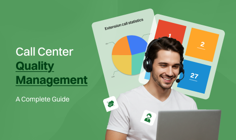 Smiling agent using a laptop with charts in the background, illustrating call center quality management.