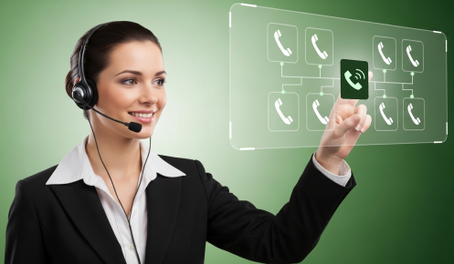 miling call center agent with headset managing multiple calls on a virtual screen.