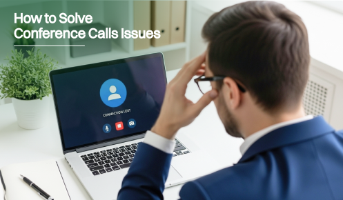 A frustrated man dealing with a conference call issue.