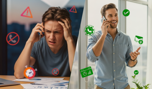 A split-screen image shows one man stressed during a phone call with warning icons, while another man speaks confidently on the phone, surrounded by positive symbols.