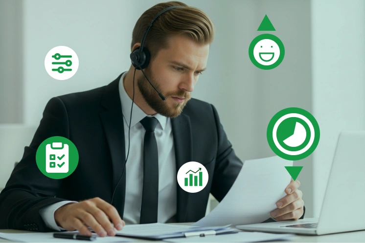 Business professional wearing a headset, reviewing documents at a desk with laptop.