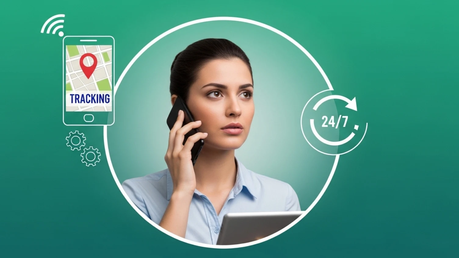 A women inside a circle with a phone on her with 24/7 icon on right and phone on her left with a tracking interface.