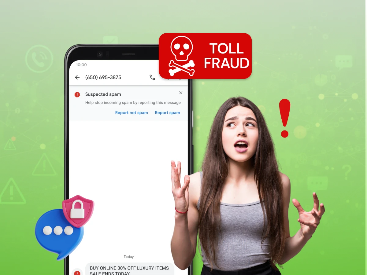 A girl being worried about toll fraud after seeing spam message in her phone.
