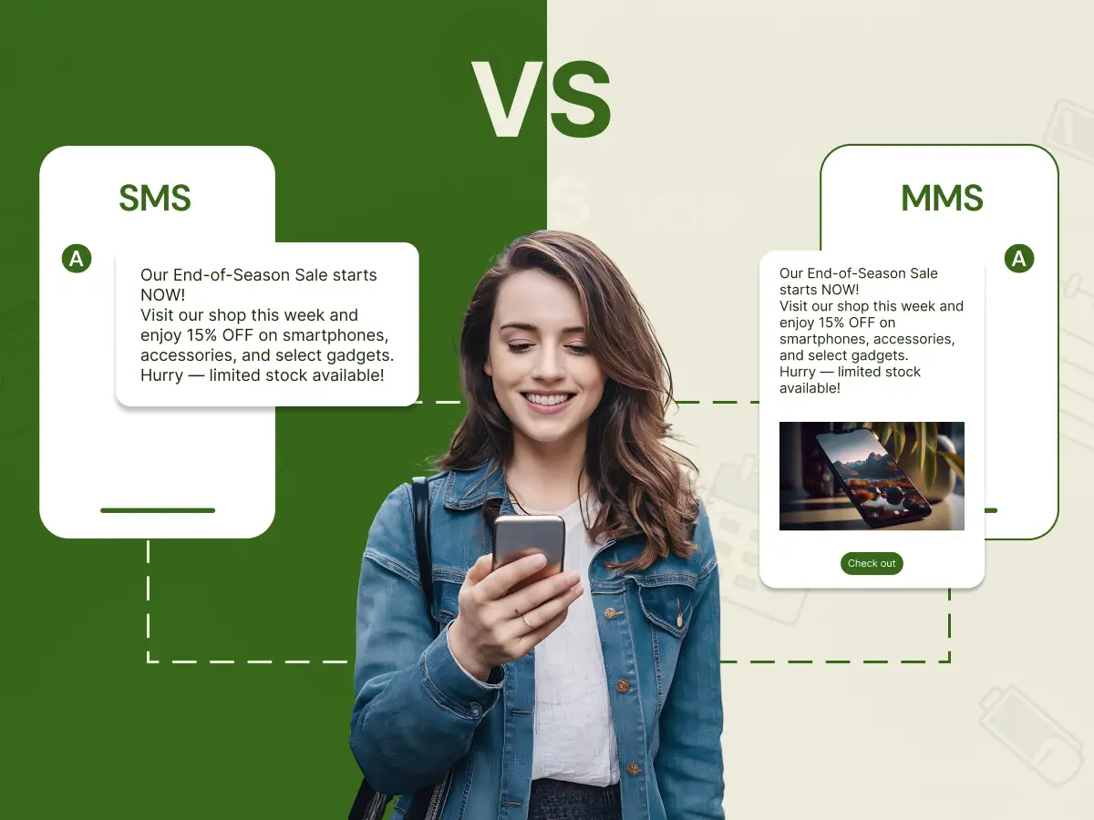 Girl comparing sms vs mms in her mobile phone.